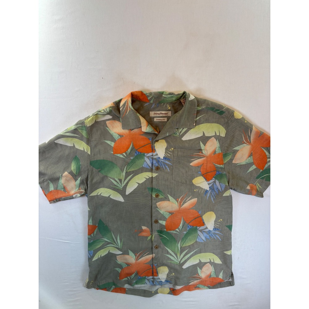 Tommy Bahama Mens M Silk Floral Camp Shirt Olive Orange TB313051 Original Fit